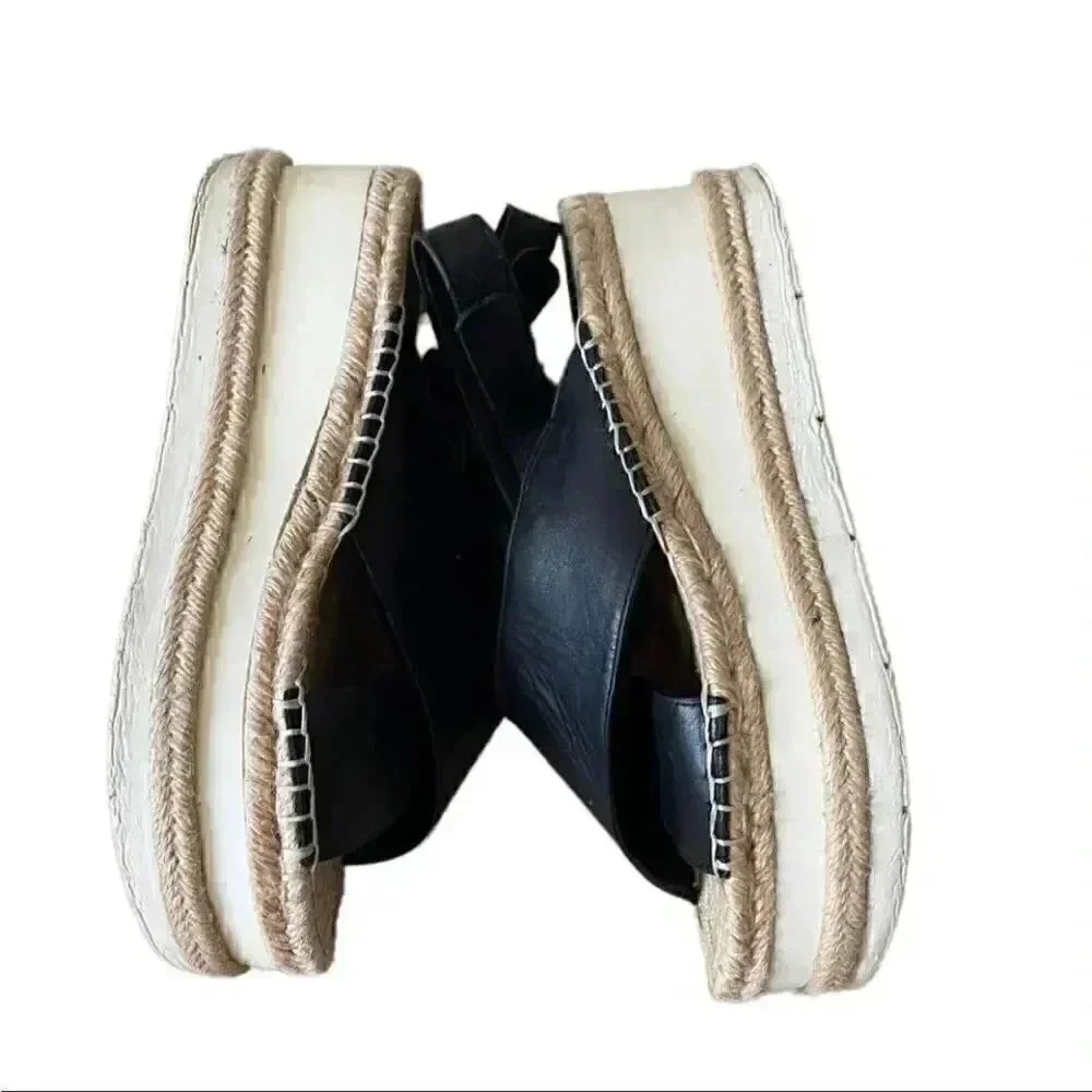 Marc Fisher Gandy Black Platform Wedge Espadrille Leather Sandals SZ 9M